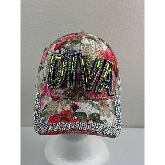 Embellished "DIVA" Floral Baseball Cap With Rhinestones - Picture 3 of 8